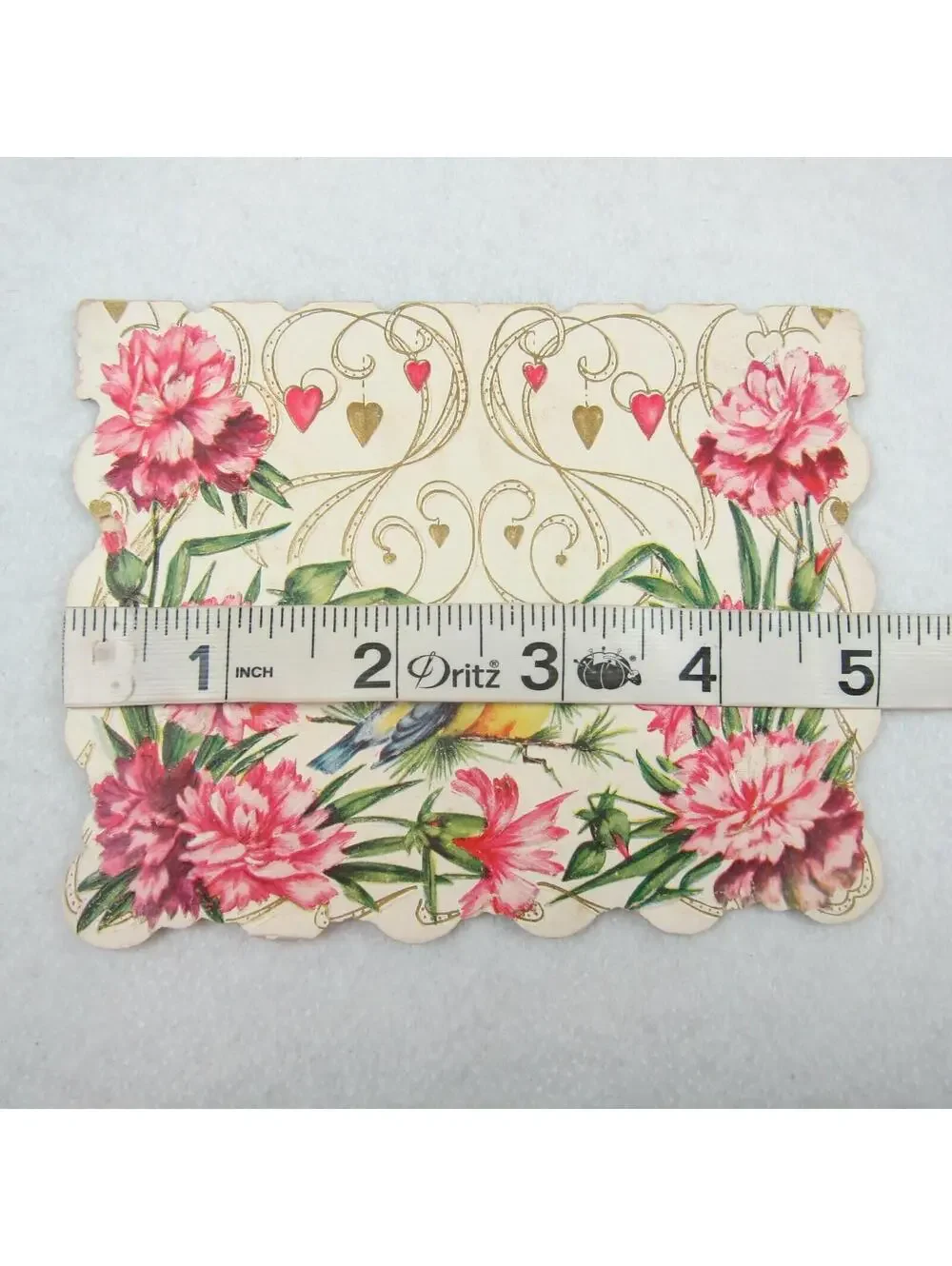 Vintage Valentine Card Pink Carnation Flowers & Blue Birds Gold Scroll Hearts